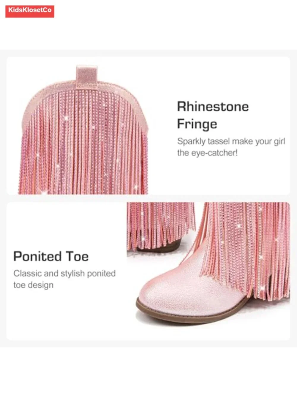 Rhinestone Fringe Cowgirl Boots for Girls Mid Calf Pointed Toe Cowboy Boots